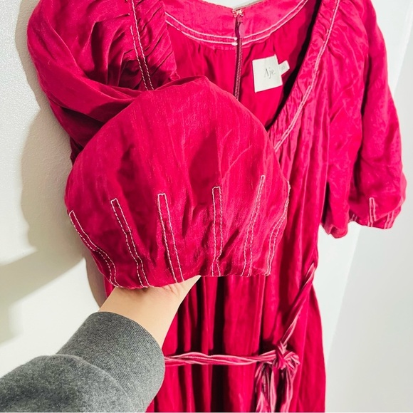 NEW Aje Rebellion Midi Dress Puff Sleeve Red Wine - Picture 8 of 11
